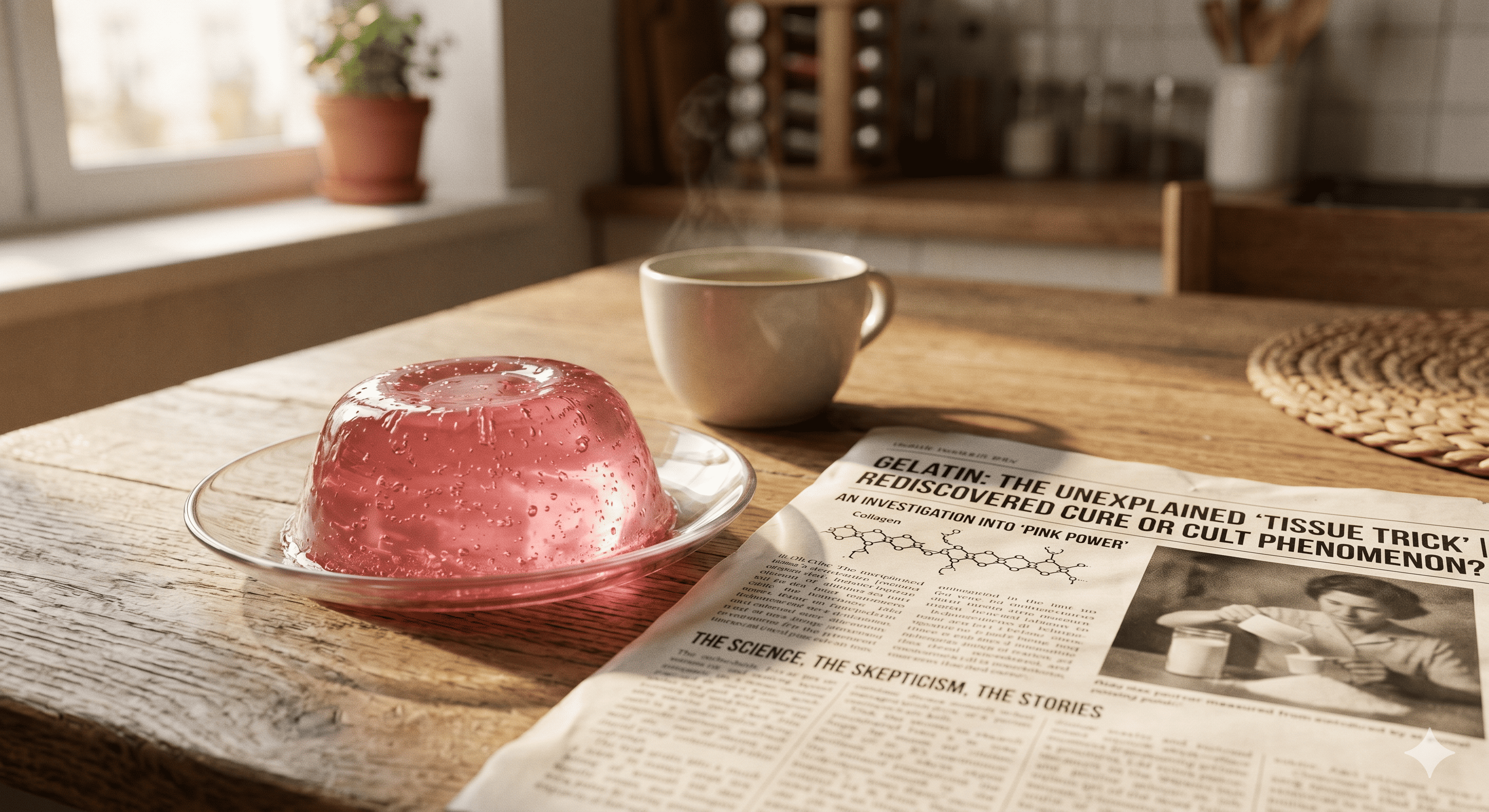 Pink gelatin on a kitchen table with an editorial health article